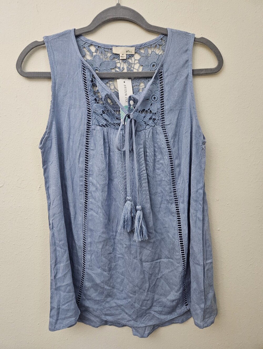 Jella C. Stitch Fix Light Blue Crochet Yoke Tassel Tank Size M